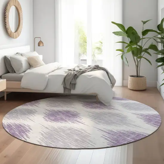8' Lavender And Ivory Ikat Washable Round Rug With UV Protection Photo 5