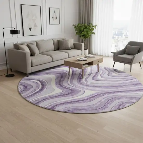 8' Lavender And Ivory Marble Washable Round Rug With UV Protection Photo 2