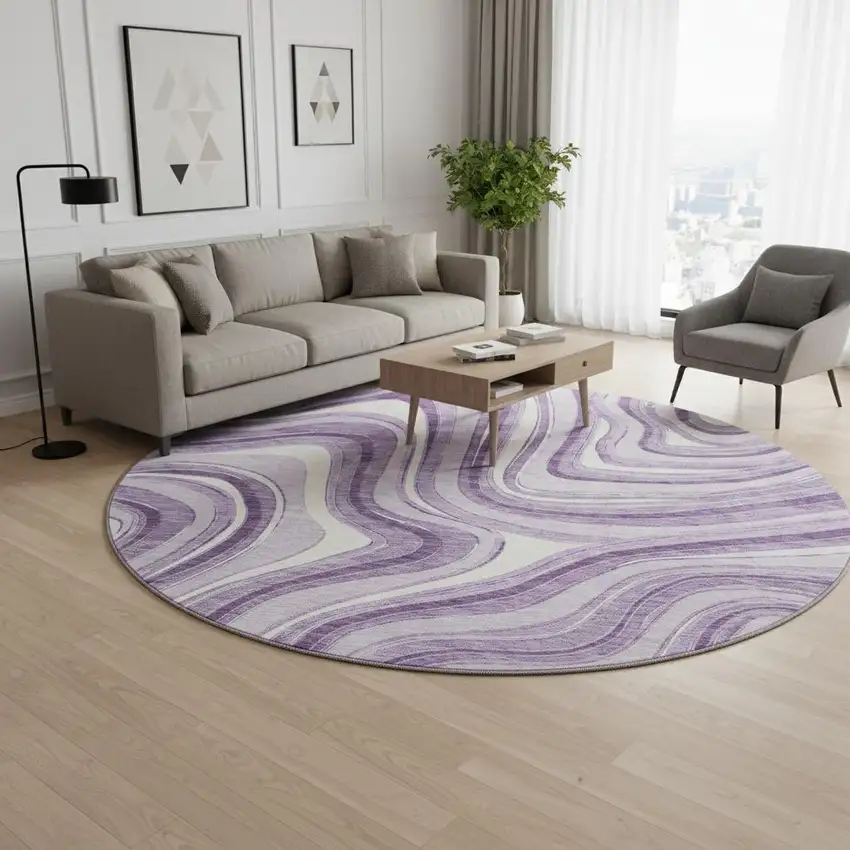 8' Lavender And Ivory Marble Washable Round Rug With UV Protection Photo 2