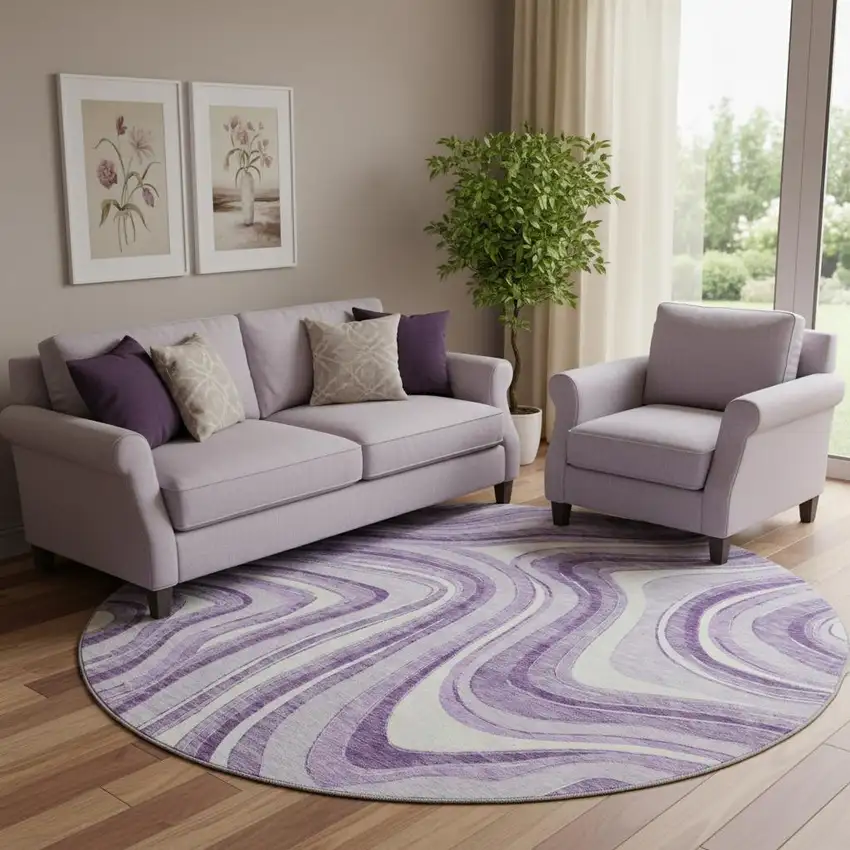 8' Lavender And Ivory Marble Washable Round Rug With UV Protection Photo 1