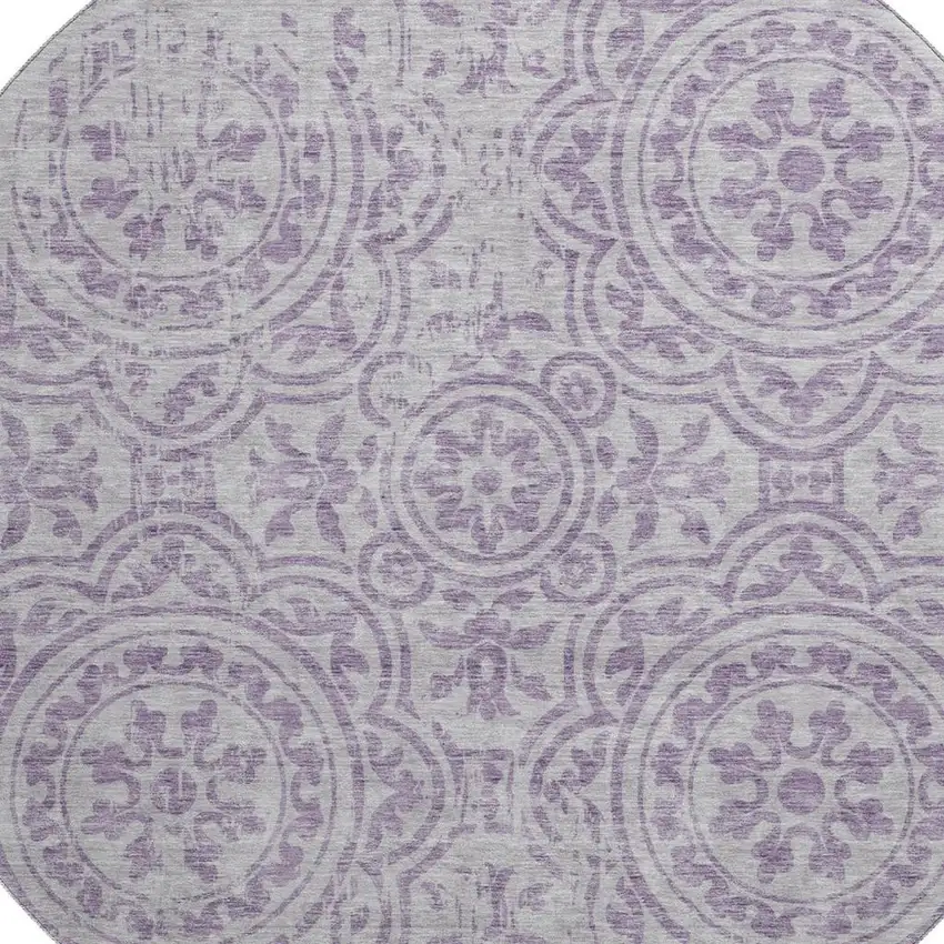 8' Lavender And Ivory Medallion Washable Round Rug With UV Protection Photo 3