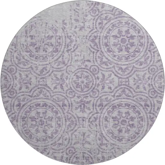 8' Lavender And Ivory Medallion Washable Round Rug With UV Protection Photo 1