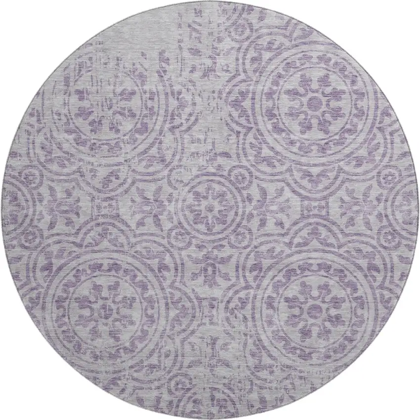 8' Lavender And Ivory Medallion Washable Round Rug With UV Protection Photo 1