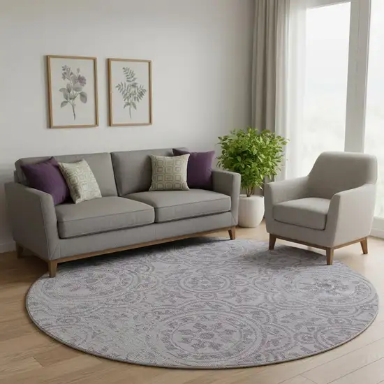 8' Lavender And Ivory Medallion Washable Round Rug With UV Protection Photo 1
