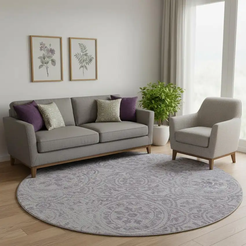 8' Lavender And Ivory Medallion Washable Round Rug With UV Protection Photo 1