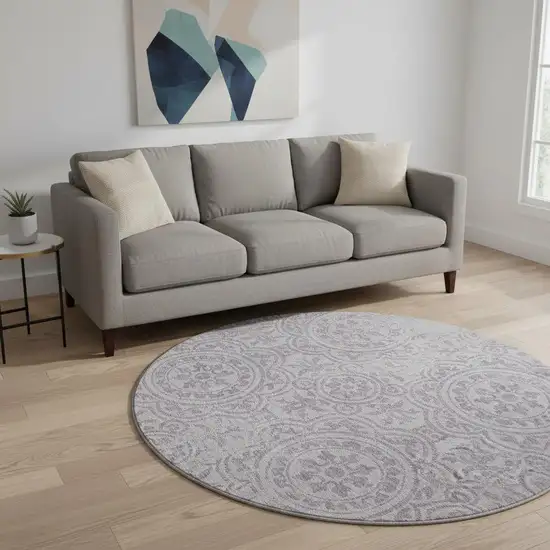 8' Lavender And Ivory Medallion Washable Round Rug With UV Protection Photo 2