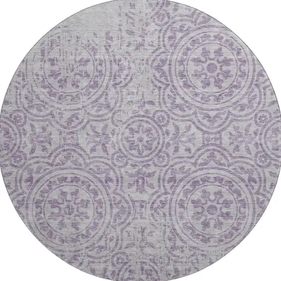8' Lavender And Ivory Medallion Washable Round Rug With UV Protection Photo 4