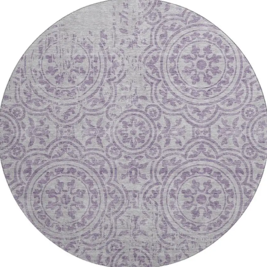 8' Lavender And Ivory Medallion Washable Round Rug With UV Protection Photo 4