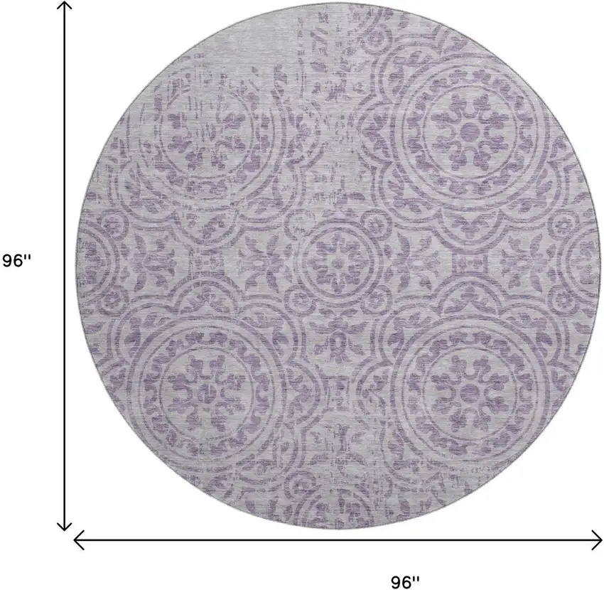 8' Lavender And Ivory Medallion Washable Round Rug With UV Protection Photo 3