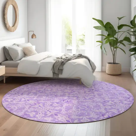 8' Lavender And Ivory Medallion Washable Round Rug With UV Protection Photo 5