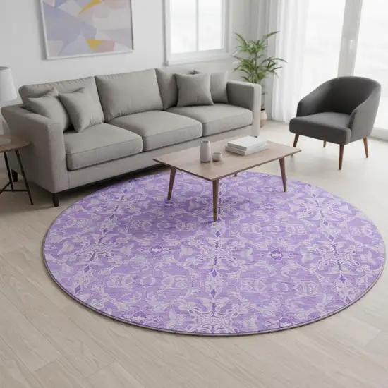 8' Lavender And Ivory Medallion Washable Round Rug With UV Protection Photo 2