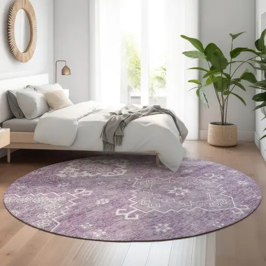 8' Lavender And Ivory Medallion Washable Round Rug With UV Protection Photo 4