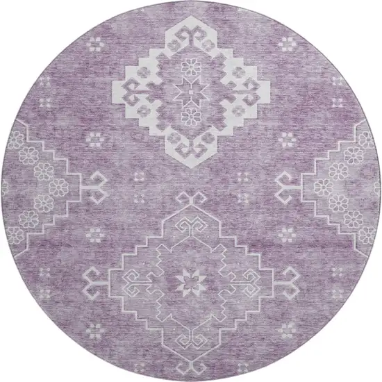 8' Lavender And Ivory Medallion Washable Round Rug With UV Protection Photo 1