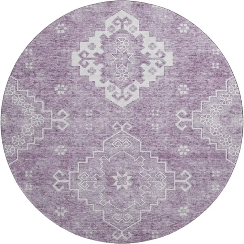8' Lavender And Ivory Medallion Washable Round Rug With UV Protection Photo 1