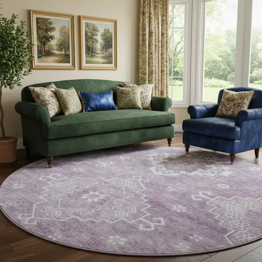 8' Lavender And Ivory Medallion Washable Round Rug With UV Protection Photo 1