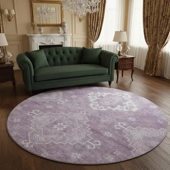8' Lavender And Ivory Medallion Washable Round Rug With UV Protection Photo 2