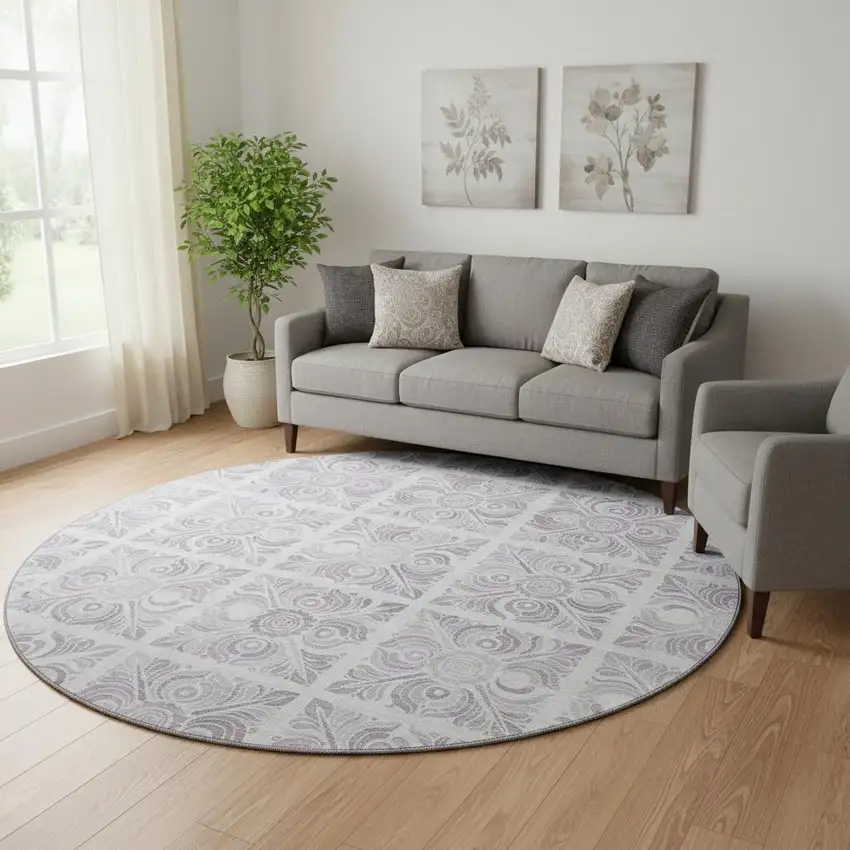 8' Lavender And Ivory Medallion Washable Round Rug With UV Protection Photo 1