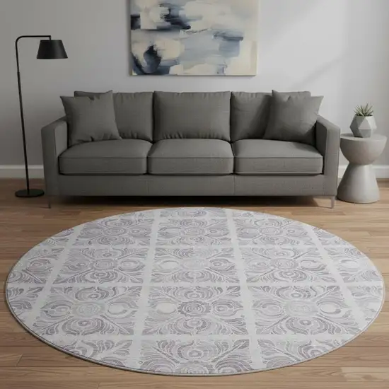 8' Lavender And Ivory Medallion Washable Round Rug With UV Protection Photo 2