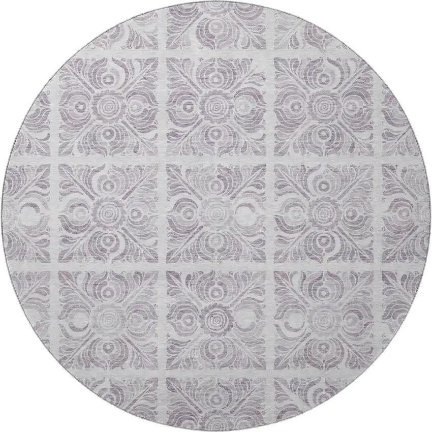 8' Lavender And Ivory Medallion Washable Round Rug With UV Protection Photo 4