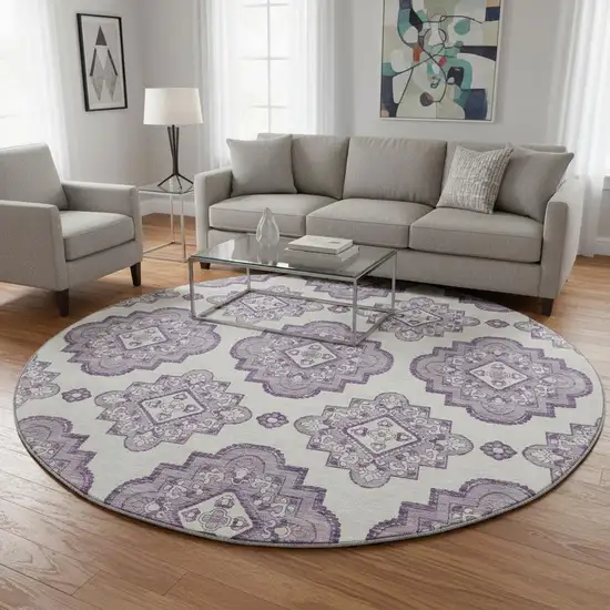 8' Lavender And Ivory Medallion Washable Round Rug With UV Protection Photo 2