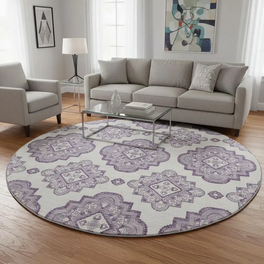 8' Lavender And Ivory Medallion Washable Round Rug With UV Protection Photo 2