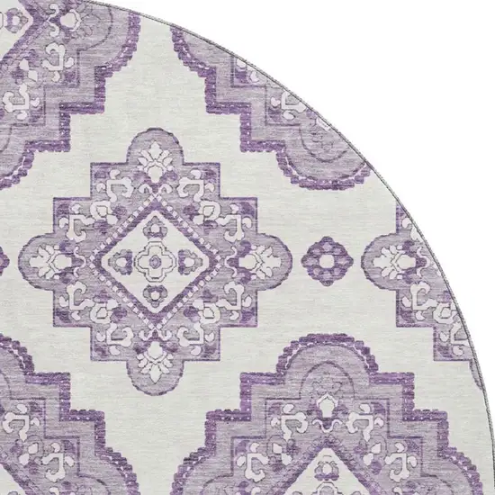 8' Lavender And Ivory Medallion Washable Round Rug With UV Protection Photo 3