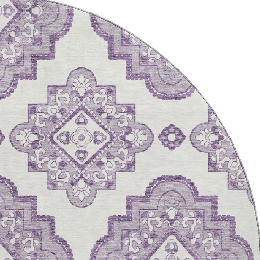 8' Lavender And Ivory Medallion Washable Round Rug With UV Protection Photo 3