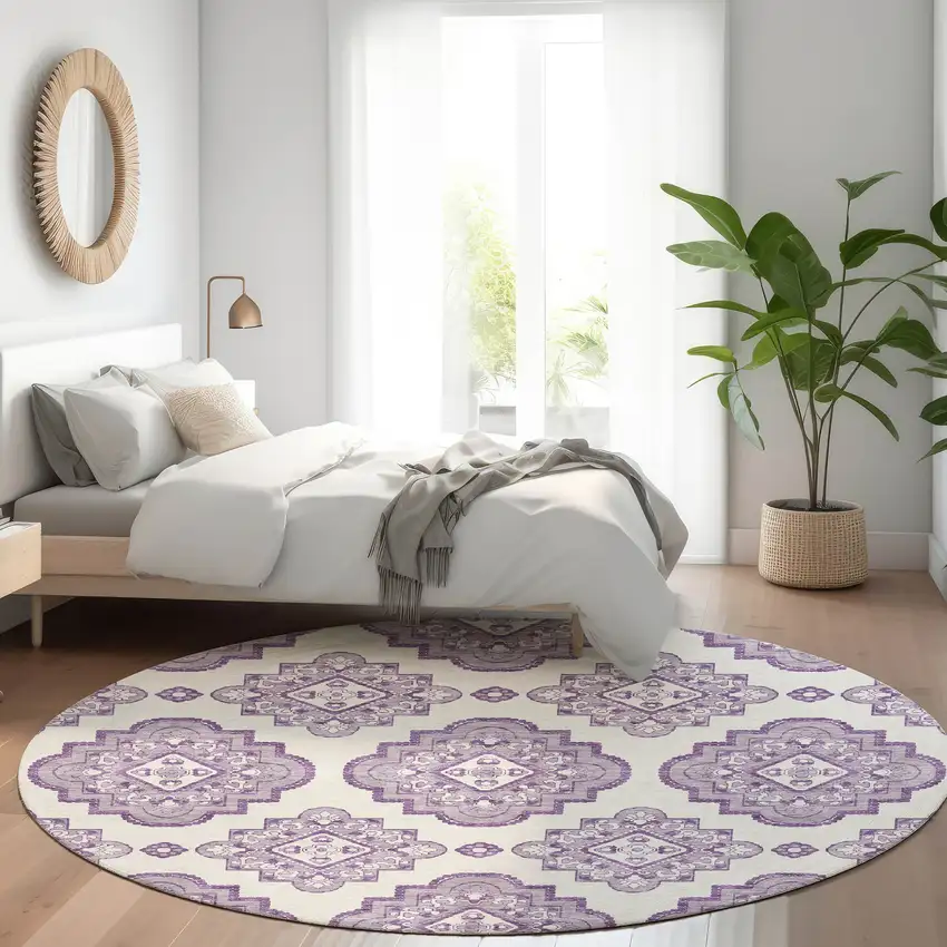 8' Lavender And Ivory Medallion Washable Round Rug With UV Protection Photo 5