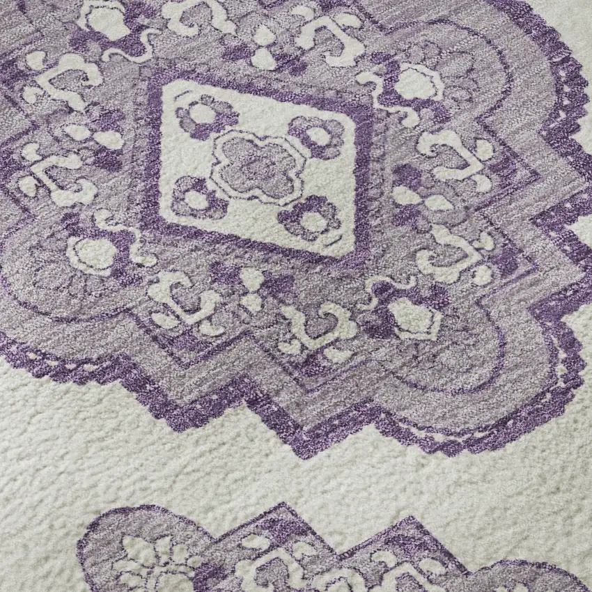 8' Lavender And Ivory Medallion Washable Round Rug With UV Protection Photo 9