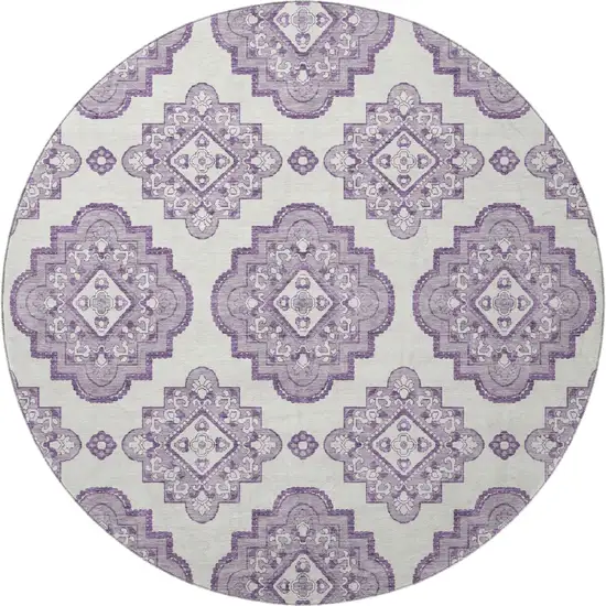8' Lavender And Ivory Medallion Washable Round Rug With UV Protection Photo 4