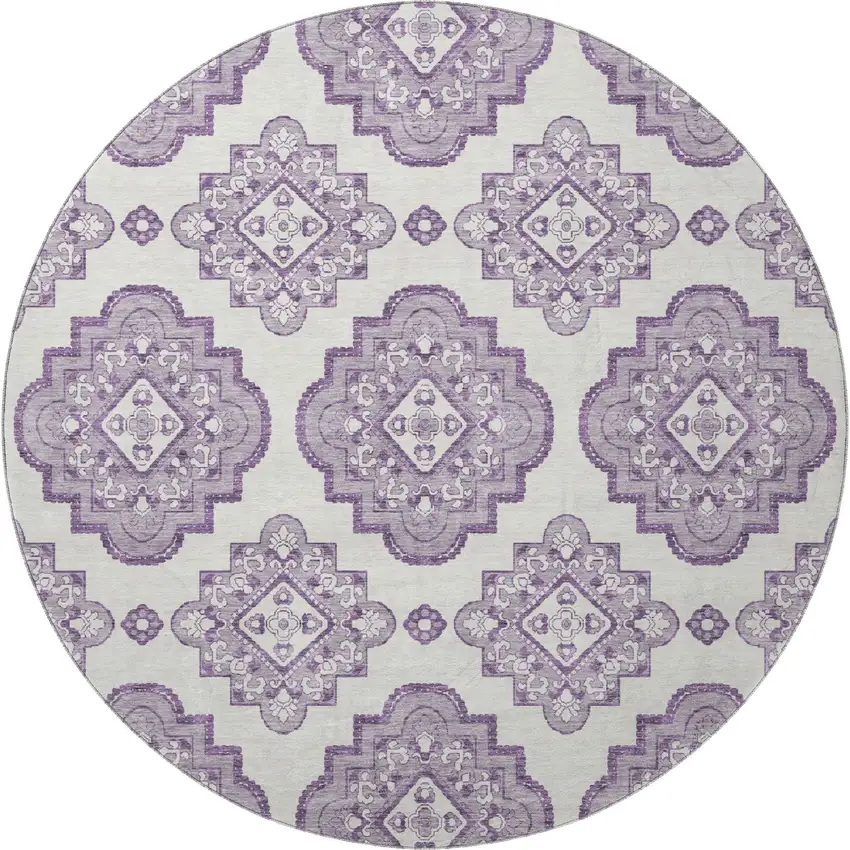 8' Lavender And Ivory Medallion Washable Round Rug With UV Protection Photo 4