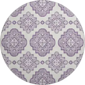 Photo of 8' Lavender And Ivory Medallion Washable Round Rug With UV Protection
