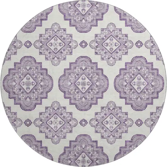 8' Lavender And Ivory Medallion Washable Round Rug With UV Protection Photo 1