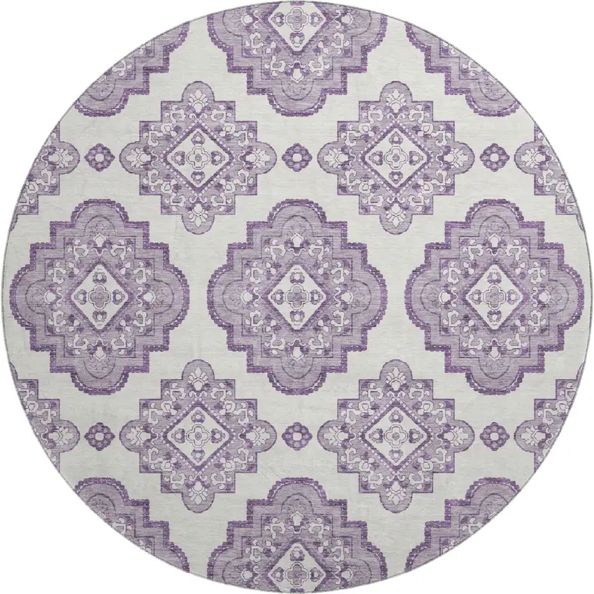 8' Lavender And Ivory Medallion Washable Round Rug With UV Protection Photo 1