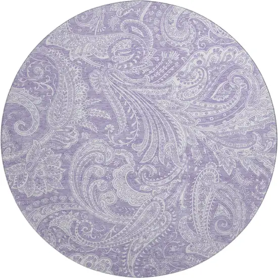 8' Lavender And Ivory Paisley Washable Round Rug With UV Protection Photo 1