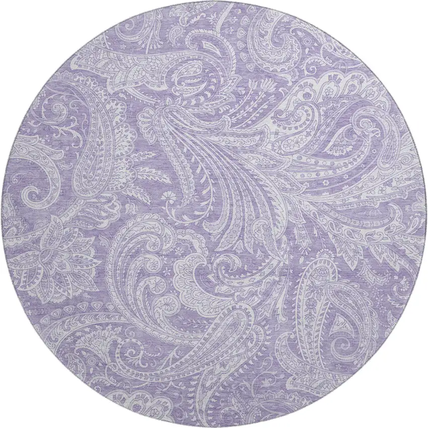 8' Lavender And Ivory Paisley Washable Round Rug With UV Protection Photo 1