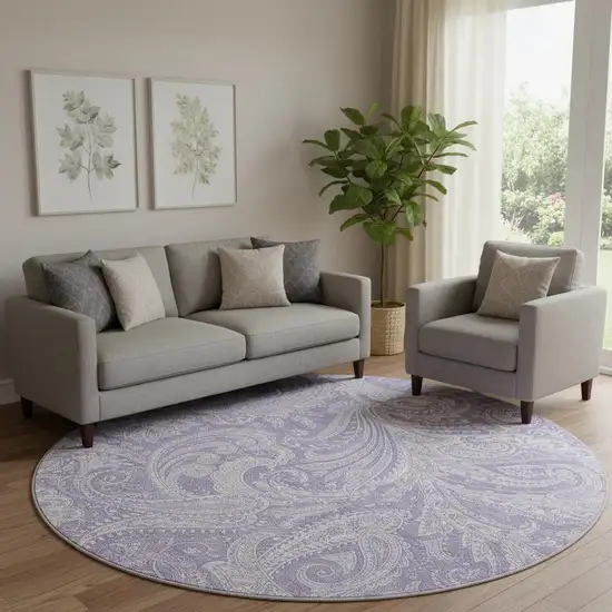 8' Lavender And Ivory Paisley Washable Round Rug With UV Protection Photo 1