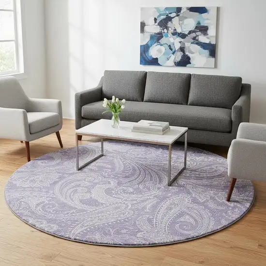 8' Lavender And Ivory Paisley Washable Round Rug With UV Protection Photo 2