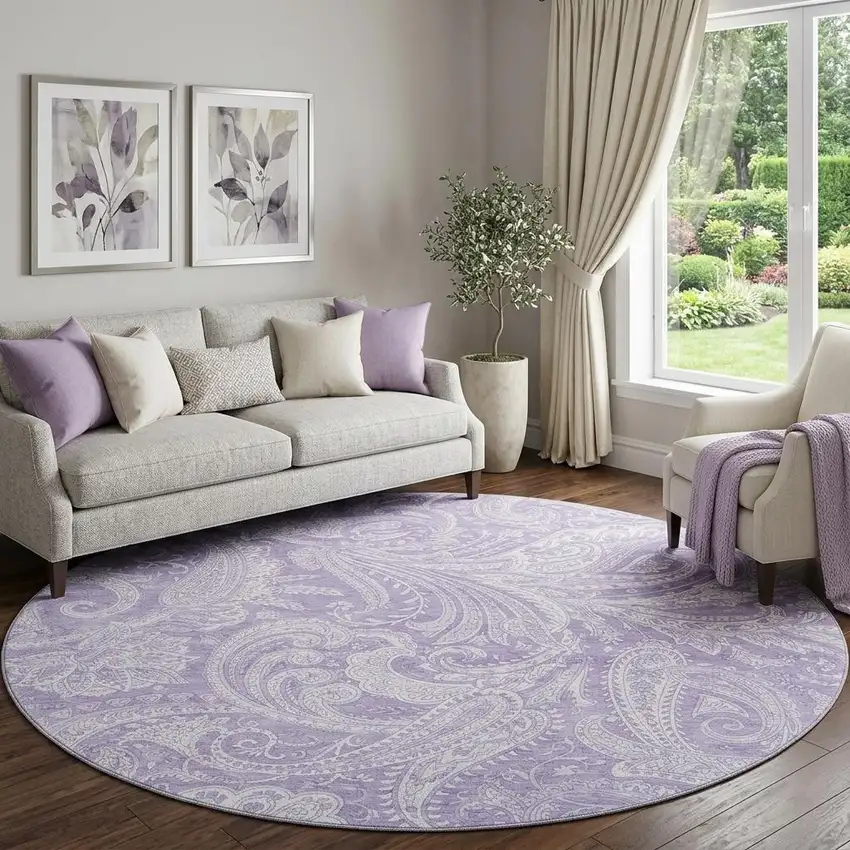 8' Lavender And Ivory Paisley Washable Round Rug With UV Protection Photo 1