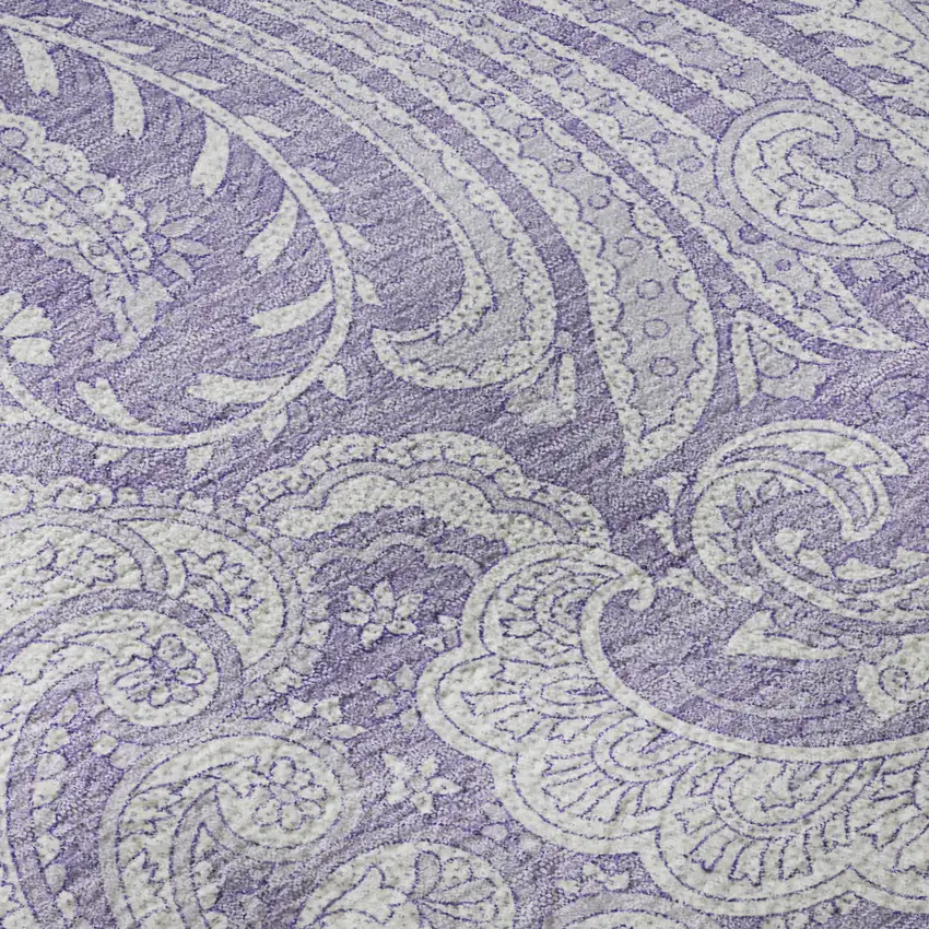 8' Lavender And Ivory Paisley Washable Round Rug With UV Protection Photo 8