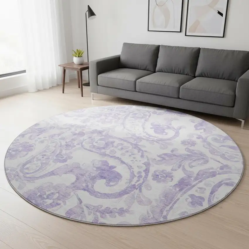 8' Lavender And Ivory Paisley Washable Round Rug With UV Protection Photo 2