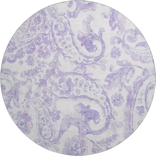 8' Lavender And Ivory Paisley Washable Round Rug With UV Protection Photo 1
