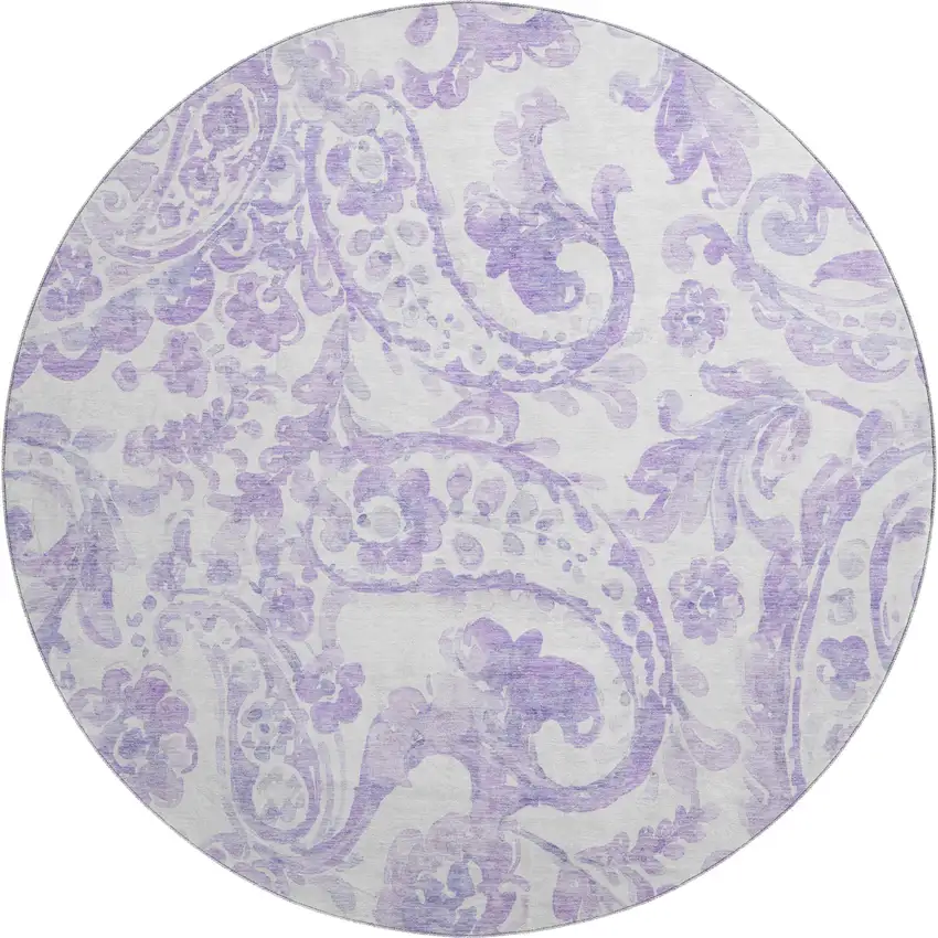 8' Lavender And Ivory Paisley Washable Round Rug With UV Protection Photo 1
