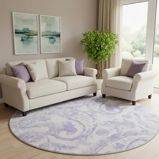 8' Lavender And Ivory Paisley Washable Round Rug With UV Protection Photo 1