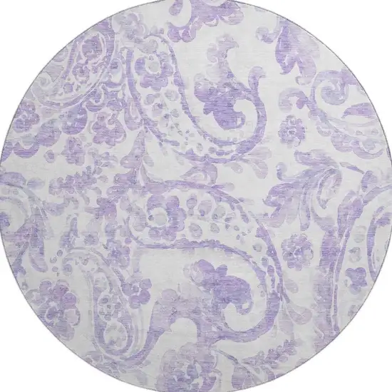 8' Lavender And Ivory Paisley Washable Round Rug With UV Protection Photo 4