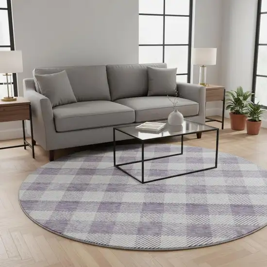 8' Lavender And Ivory Plaid Washable Round Rug With UV Protection Photo 2