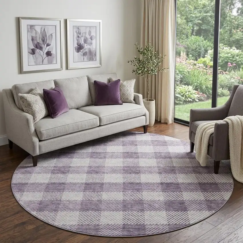 8' Lavender And Ivory Plaid Washable Round Rug With UV Protection Photo 1
