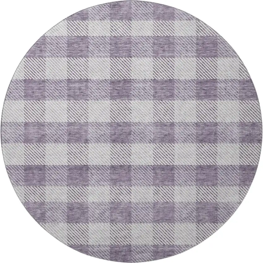 8' Lavender And Ivory Plaid Washable Round Rug With UV Protection Photo 3