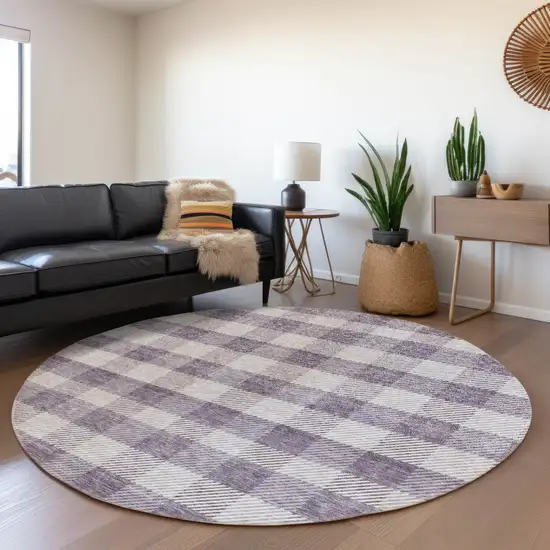 8' Lavender And Ivory Plaid Washable Round Rug With UV Protection Photo 4