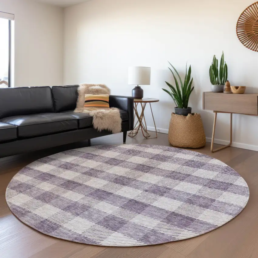 8' Lavender And Ivory Plaid Washable Round Rug With UV Protection Photo 4